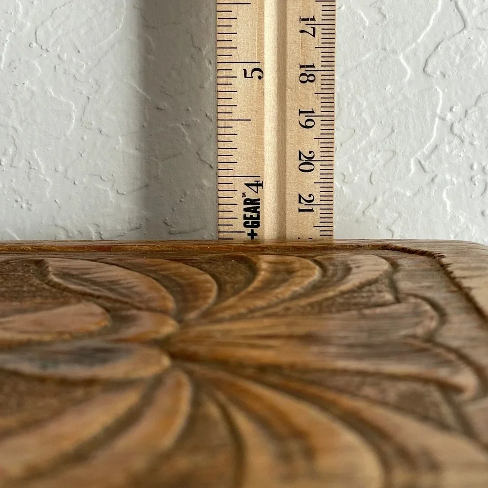 Vintage Hand Carved Engraved Wooden‎ Box Gold Lining Jewelry Trinket Mirror 11x6